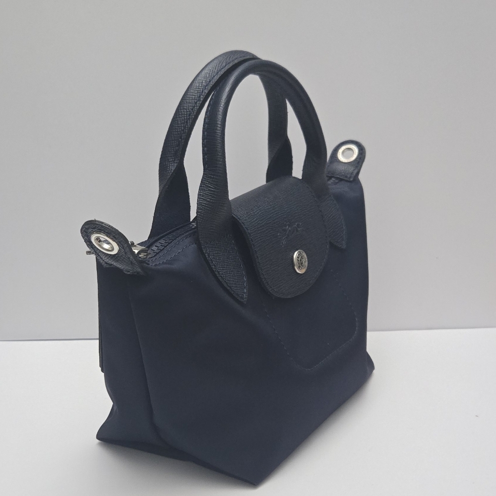 Longchamp Le Pliage XS mini tote Navy Blue Silver Handware Crossbody Top Handle - Picture 6 of 14